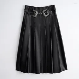 Skirts 2024 Arrival Women Vintage Metal Buckle Belt Pleated A-line Genuine Sheepskin Leather Skirt