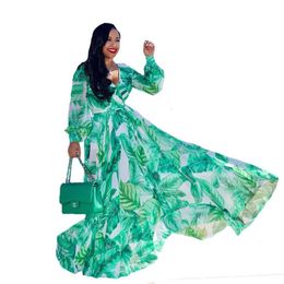 Designer women's clothing new summer beach chiffon dress floral print European and American fashion swing dress women's clothing dress long sleeves maxi dresses Y5T1