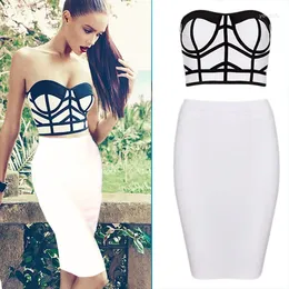 Work Dresses HQBORY 2 Piece Rayon Women Skirt Suits Strapless Sleeveless Mini Top White Mid Bandage Club Party Bodycon Skirts Set