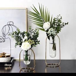 Vases Simple Glass Vase Golden Hydroponic Plant Flower Iron Geometric Test Tube Metal Holder Home Decoration