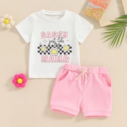 Clothing Sets 2-6Y Children Kids Girls Summer Letter Flower Plaid Print Short Sleeve T-shirts Tops Elastic Waist Shorts Outfits