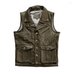 Men's Vests 2024 Spring Autumn Casual Hunting Genuine Leather Sleeveless Coats Male Lapel Multi-pocket Thick Cowhide