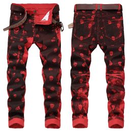 Men's skull prints elastic denim pants street fashion paint prints red jeans slimming casual pants jeans 240411