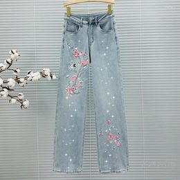 Women's Jeans Chinese Style Embroidery Wide Leg Summer Light Blue Trousers 2024 High Waist Loose All-Match Rhinestone Pants