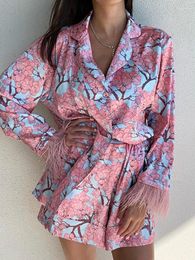 Women's Sleepwear Hiloc Printed Flowers Casual Feather Pyjamas With Shorts Summer 2024 Notched Shirts And Wide Legs Homewear Two Pieces Set