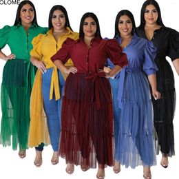 Party Dresses Plus Size Mesh Women Casual Dress Pleats Half Sleeves Patchwork Belt Sexy Club Shirt Oversize 5XL