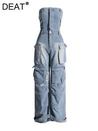 DEAT Womens Jumpsuit High Waist Strapless Multiple Pockets Solid Colour Cargo Ripped Denim Pants 2024 Summer Fashion 29L3816 240424