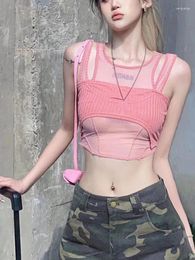 Women's Tanks Two Pieces Set Summer Japanese Pink Thin Gauze Sweet Tank Slim Streetwear Cute Crop Top Y2k Aesthetic Fashion Suits