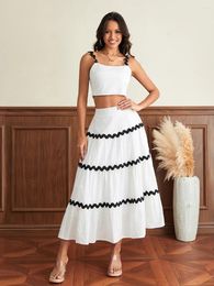 Work Dresses Wsevypo Bohemian Summer 2Piece Dress Sets For Women Suspender Cropped Tube Tops And Swing A-Line Long Skirts Patch Colour Suits