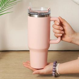 1PC stainless steel insulated cup with handle straw car water large capacity portable 1200ml 40oz simple and versatil 240425