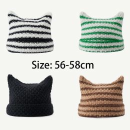 Autumn and Winter Warm Wool Female Cute Cat Ears Korean Version Fashion Striped Knitted Hat Net Red Pullover Hat