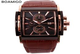 BOAMIGO men quartz watches large dial fashion casual sports watches rose gold sub dials clock brown leather male wrist watches 2109666033