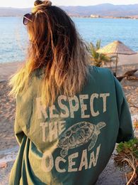 Respect The Ocean Green Turtle T-Shirts Women Casual Fashion Tshirt Breathable Short Sleeve O-Neck Street Clothing 240422