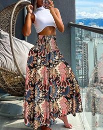 Women's Pants 2024 Summer Vintage Tribal Floral Print High Waist Shirred Casual Boho Vacation Wide Leg Y2K Streetwear