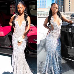 Sexy silver mermaid Prom Dress for black girl sheer jewel neck sequins crystal Evening Dresses side illusion African Long dresses for Special Occasion