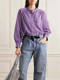 Women's Blouses Women Cotton Shirt O-neck Stripes Long Sleeve Casual Fashion Female Blouse Top 2024 Autumn