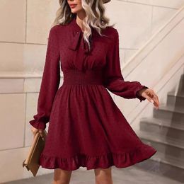 Casual Dresses Slim Waist Chic Swing Cocktail Dress Women's Puff Sleeve Bowtie A-Line Ruffle Office Ladies Elegant Solid Party