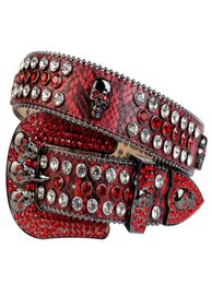 Western Cowboy Bling Red&Clear Crystal Belt Lt Red Snake Leather Rhinestone Belt Removable Buckle for Men9183337