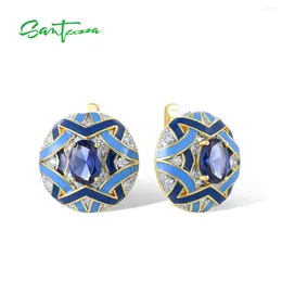 Backs Earrings SANTUZZA Real 925 Sterling Silver Solitaire For Woman Sparkling Blue Spinel Enamel Grand Round Wedding Set Fine Jewellery