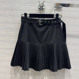 Skirts 2024 Fashion Black All-matched Mini Pleated Womens High Waist Belt Sweet Girl Preppy Style Spring Summer Skirt