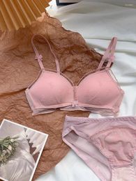 Bras Sets 2024 Lolita Pink Sweet Girl French Triangle Cup Bra Underwear Female Sexy Lace Small Chest Gathered Ultra Thin Pure Set