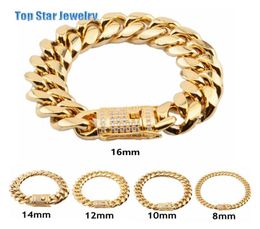 8mm10mm12mm14mm16mm18mm Stainless Steel Bracelets 18K Gold Plated High Polished Miami Cuban Link Men Punk Chain Cubic Zirconi2451547