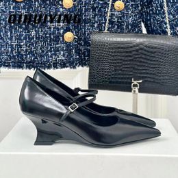 Dress Shoes 2024 Spring Concise Genuine Leather Pointed-Toe Wedges Buckle-Strap Woman Pumps Elevator Office Lady Mary Janes