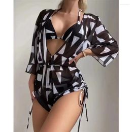 Women's Swimwear Sexy Mesh Print Bikini Thong Deep-V Cover-up Drawstring 3 Piece Swimsuit Beach Outfit Women Bather Matching Set Bikinis