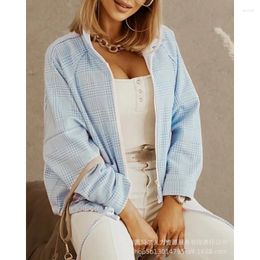 Women's Jackets Wepbel Blue Plaid Zipper Coat Women Long Sleeve Casual Loose Outwear Fashion Autumn Thin Pockets Drawstring Jacket