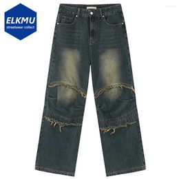 Men's Jeans Men Vintage Baggy Broken Patchwork Black Blue Loose Straight Denim Pamts Male Streetwear Hip Hop Trousers