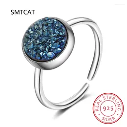 Cluster Rings Real 925 Sterling Silver Round Blue Crystal Fragment Dream Star Planet Opening Ring For Women Wedding Party Fine Jewellery