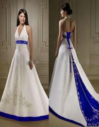 Vintage Ivory and Royal Blue Burgundy Satin A Line Wedding Dresses Halter Neck Open Back Lace Up Court Custom Made Embroidery Wedd3708286