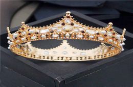 Baroque Royal King Diadem Men Crystal Pearls Metal Tiaras Wedding Crown Hair Jewelry Big Head Ornaments Prom Party Accessories 2113905361