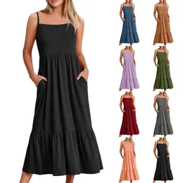 Casual Dresses Ladies Sexy Solid Colour Fashion Pleated Large Hem Loose Dress Elegant Sleeveless Pocket Vestidos Largos