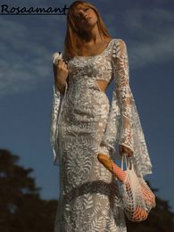Bohemian Long Flare Sleeve Appliques Lace Wedding Dresses Mermaid Square Collar Open Back Country Bridal Gown
