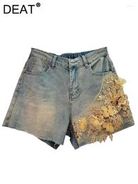 Women's Jeans Denim Shorts Elastic Waist Retro Embroidery 3d Flower Sequins Burrs Short 2024 Summer Fashion 33A1335