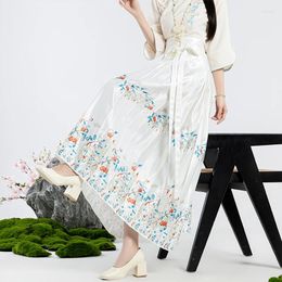 Skirts Chinese Style One Piece Lace Up Half Maxi Skirt Spring Summer High Waist Floral Pleats Horse Face For Women Hanfu