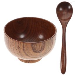 Dinnerware Sets 2 Pcs Korean Rice Bowl And Spoon Bowls Spoons Wood Fruit Salad Container Wooden For Vintage