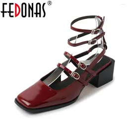 Dress Shoes FEDONAS Punk Rome Style Women Leather Sandals Ankle Strap Party Wedding Fashion Square Toe Spring Summer Pumps