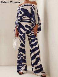 Summer Fashion Satin Printing 2 Piece Set Women Causal Off Shoulder Loose Lantern Sleeve Top Wide Leg Pants Two Piece Set Women 240426