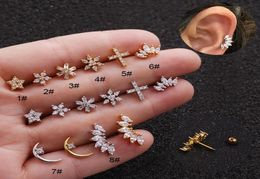 1Pc Silver And Gold Color Cz lage Earring Stainless Steel Stars Flowers Screw Back Stud Tragus Rook Lobe Piercing Jewelry3787424