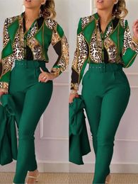 Elegant Women Printed Two Piece Suit Sets Autumn Winter V Neck Long Sleeve Shirt Top Long Pants Set With Belt Workwear Outfits 240418