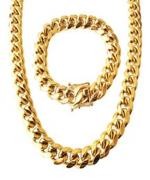Stainless Steel Jewelry Set 24K Gold Plated High Quality Cuban Link Necklace Bracelet Mens Curb Chain 14cm 85quot22quot24865743