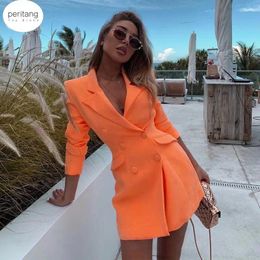 Women's Suits Neon Pocket Double Breasted Blazer Long Sleeve Slim Elegant Coat Jacket Women 2024 Autumn Winter Lengthen Windbreak