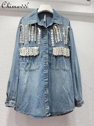 Women's Blouses Washed Retro Denim Shirt For Women 2024 Spring Autumn Heavy Beads Sequins Chain Decoration Loose Streetwear Ladies Tops