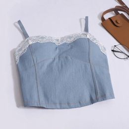 Women's Tanks HELIAR Women Lace Ruffles Sweet Crop Top Pleated Backless Denim Tank With Bra Pad Sexy Streetwear Camis Spring Summer