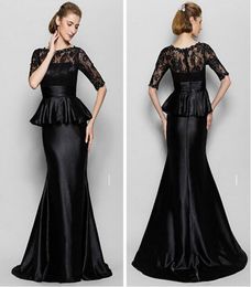 Black Mother Dresses With Half Sleeves Jewel Mermaid Lace and Elastic Satin Floorlength Mother of the Bride Dress1410824