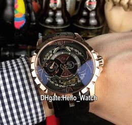 New Excalibur 46 Rose Gold Case RDDBEX0367 Automatic Mens Watch Black Skeleton Dial Brown Leather Strap Sport Watches HelloWatch 5414914