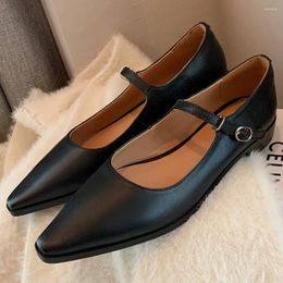 Casual Shoes Women's Genuine Leather Pointed Toe Metal Belt Mary Jane Flats Daily Single Soft Comfortable Female Footwear