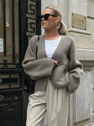 Women's Knits Grey Knit V-neck Ribbed Cuff Women Cardigan Long Straight Sleeve Single Breasted Loose Soft Sweater Autumn Chic Casual